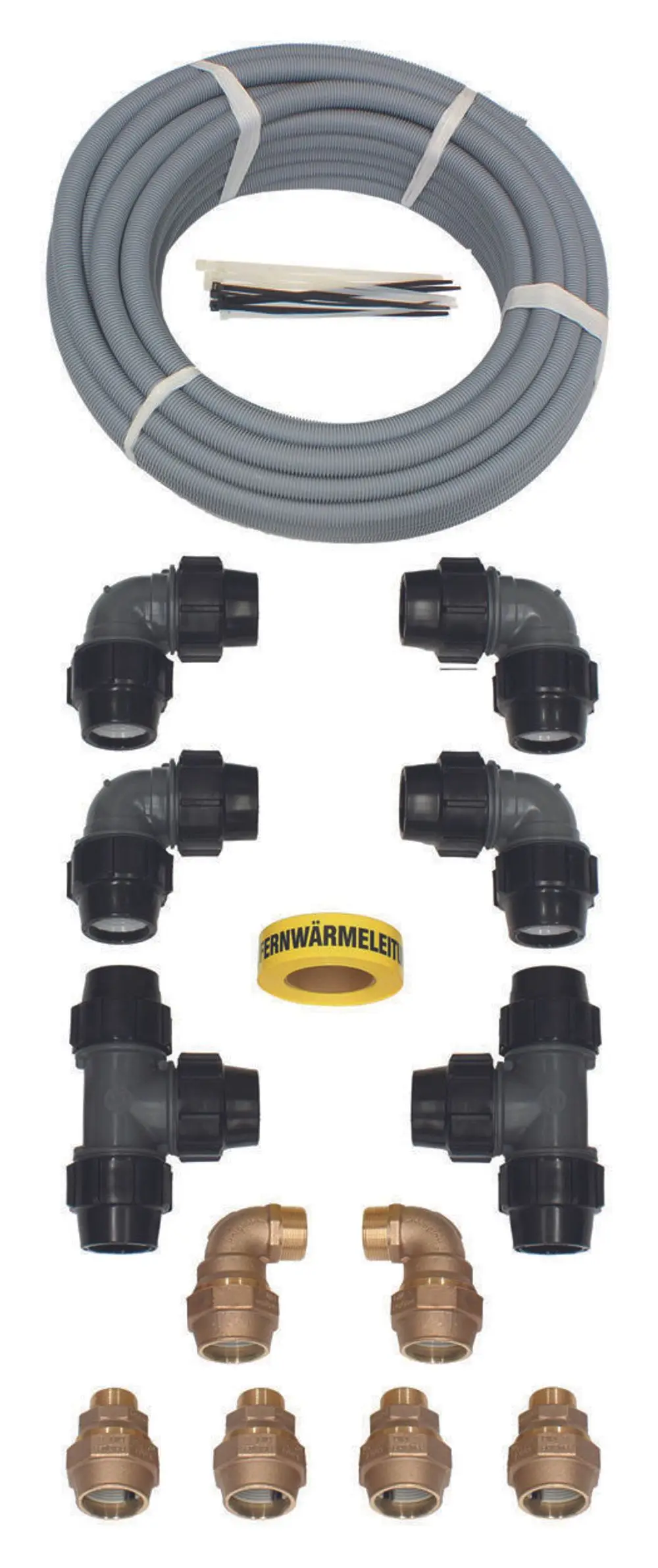 Anschluss-Set mit flexiblen Rohren, Winkeln und Verbindungsteilen für Heizungen, hergestellt von Vaillant, zur Installation im Heizsystem.
